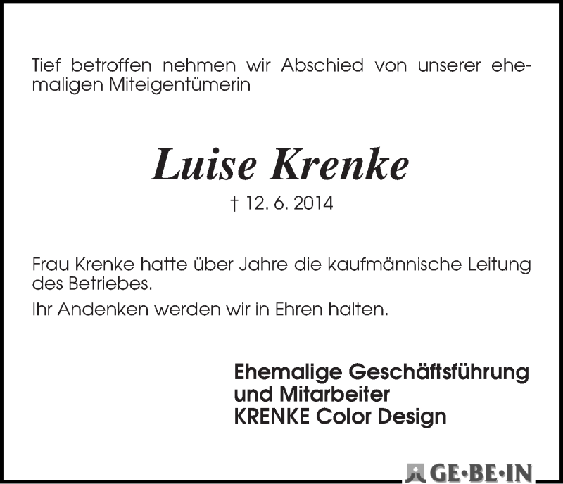  Traueranzeige für Luise Krenke vom 18.06.2014 aus WESER-KURIER
