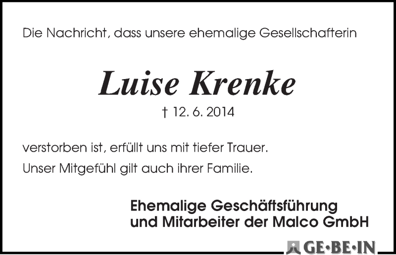  Traueranzeige für Luise Krenke vom 18.06.2014 aus WESER-KURIER