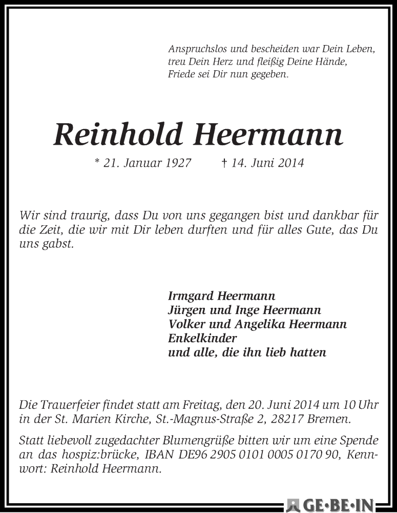 Traueranzeige von Reinhold Heermann von WESER-KURIER