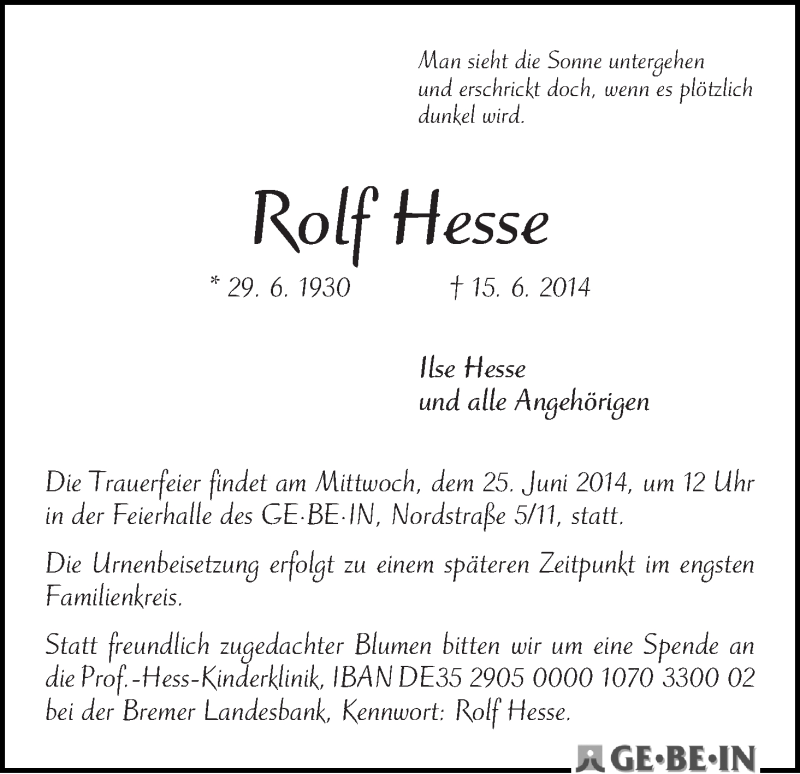 Traueranzeige von Rolf Hesse von WESER-KURIER