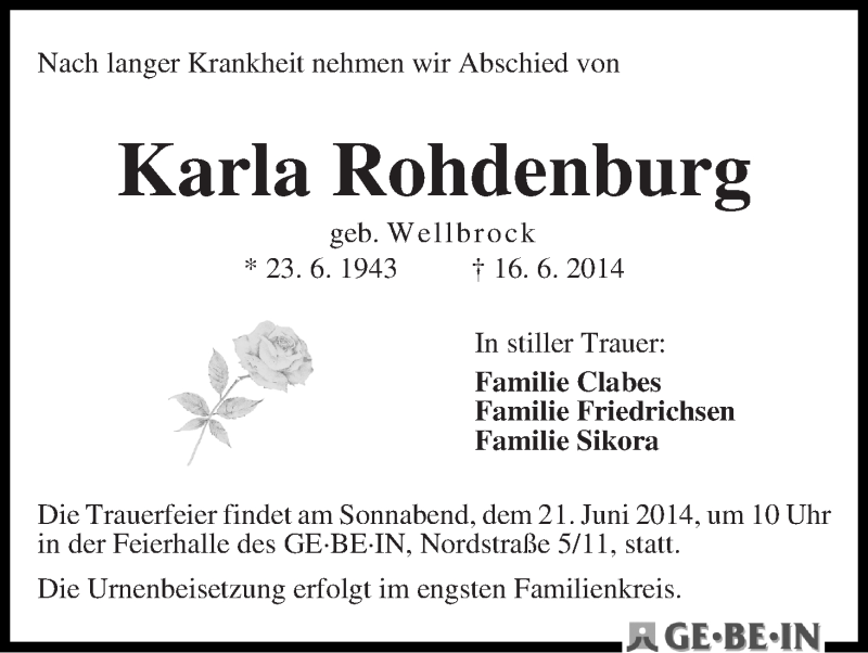 Traueranzeige von Karla Rohdenburg von WESER-KURIER