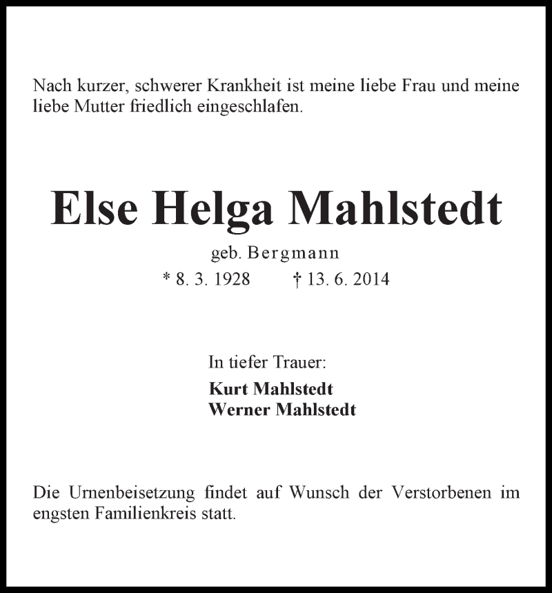 Traueranzeige von Else Helga Mahlstedt von WESER-KURIER