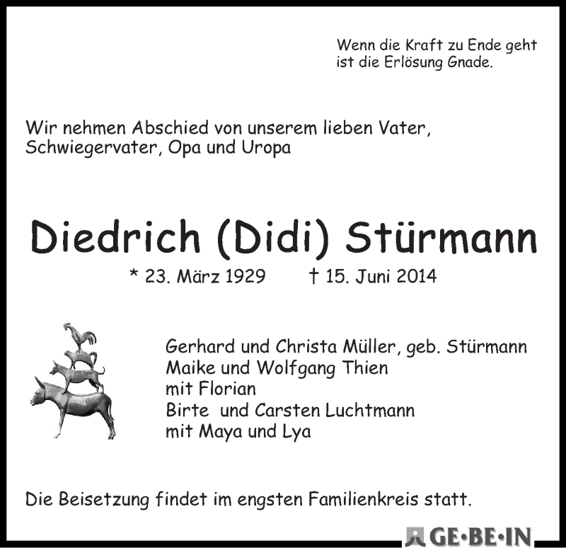 Traueranzeige von Diedrich Stürmann von WESER-KURIER