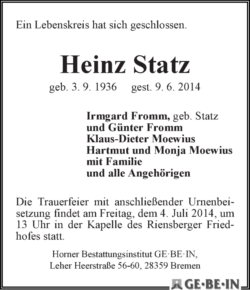 Traueranzeige von Heinz Statz von WESER-KURIER