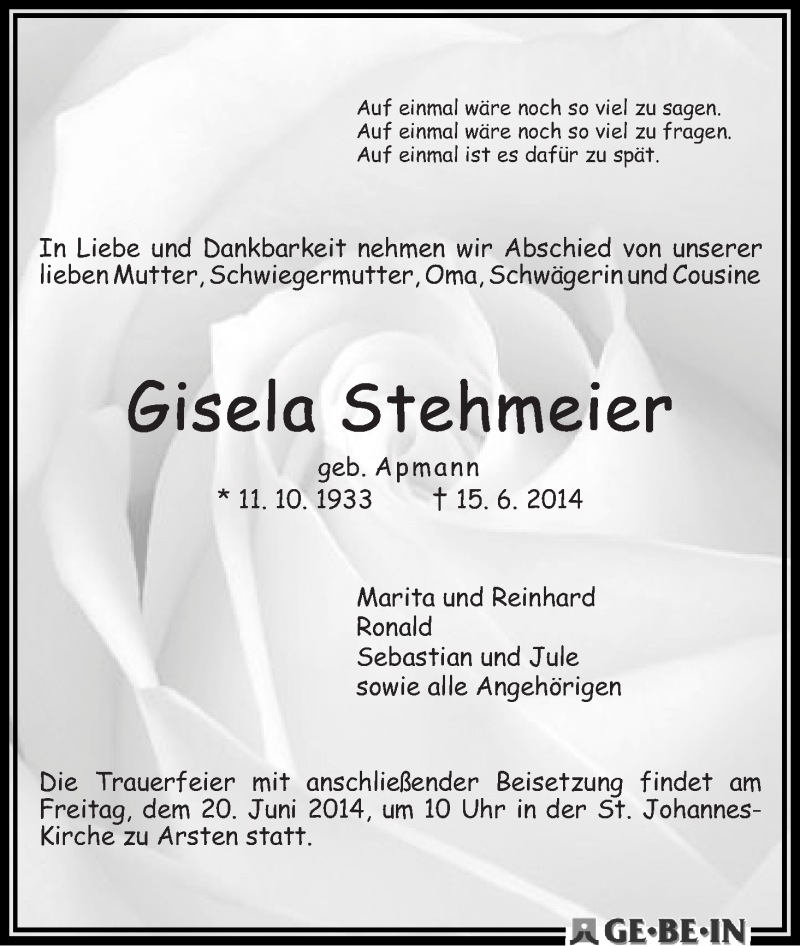 Traueranzeige von Gisela Stehmeier von WESER-KURIER