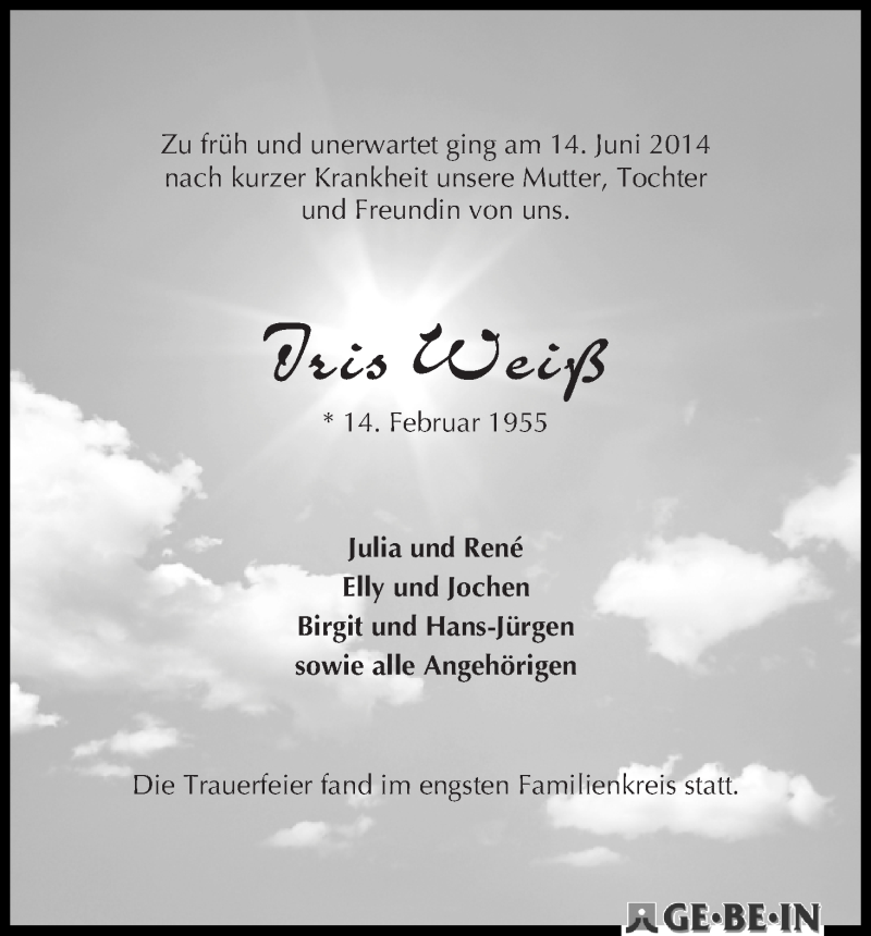 Traueranzeige von Iris Weiß von WESER-KURIER