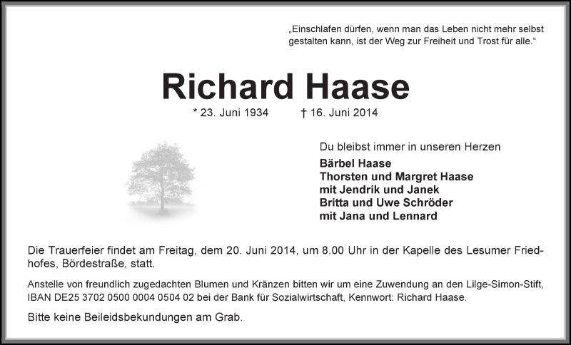 Traueranzeige von Richard Haase von WESER-KURIER