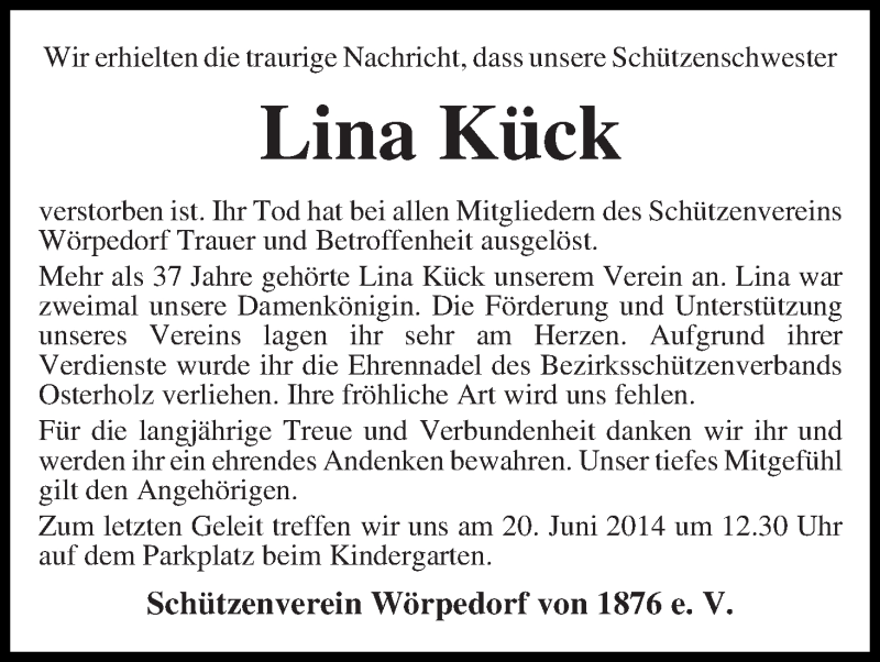 Traueranzeige von Lina Kück von Wuemme Zeitung