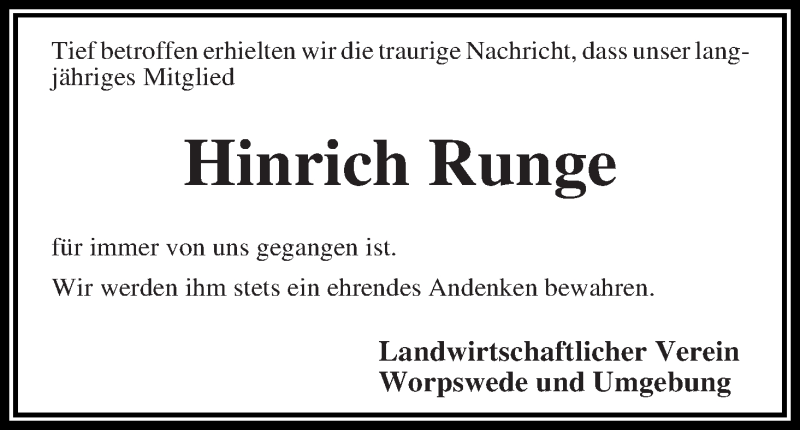 Traueranzeige von Hinrich Runge von Wuemme Zeitung