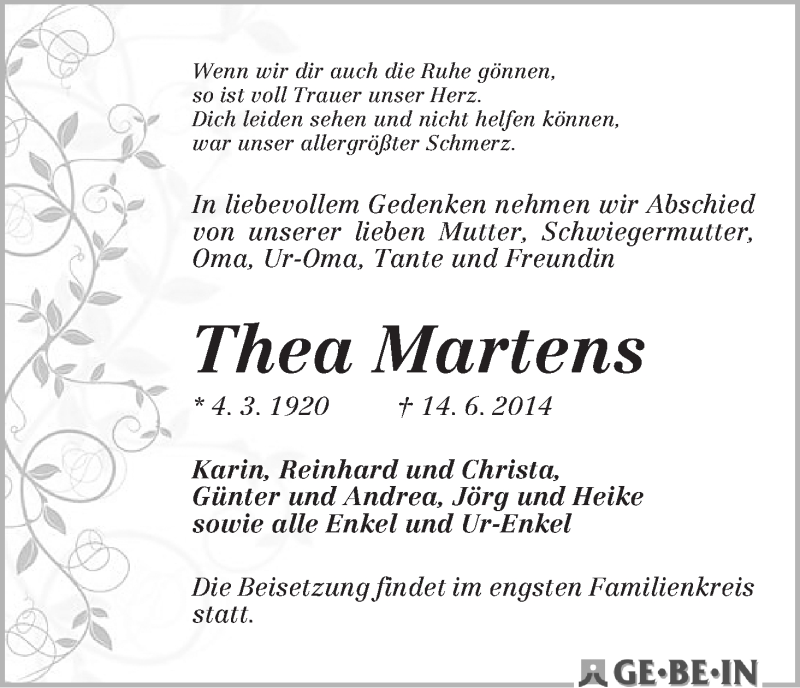 Traueranzeige von Thea Martens von WESER-KURIER