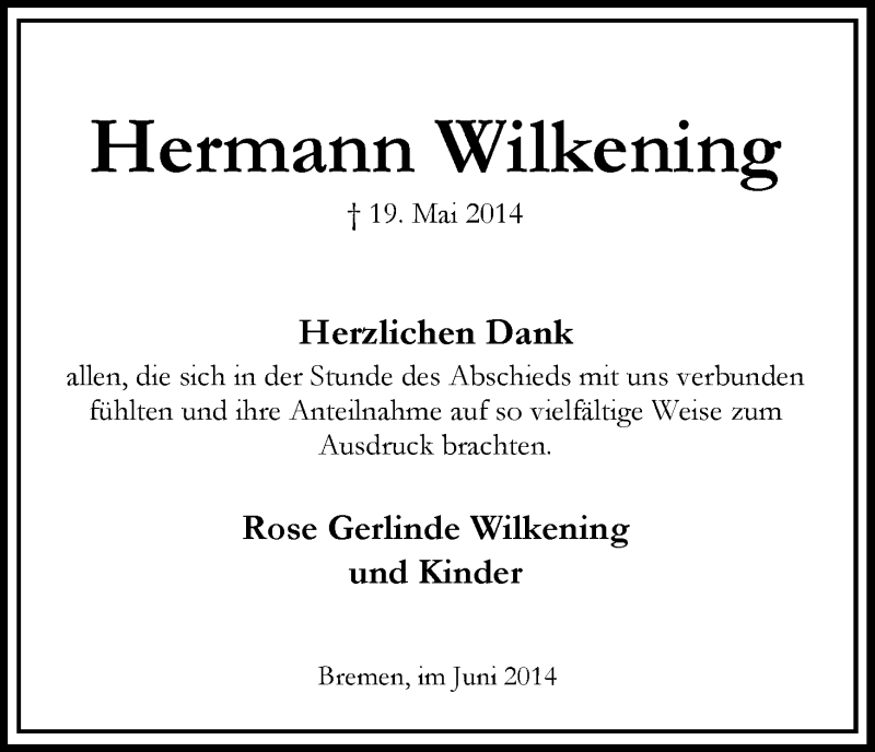 Traueranzeige von Hermann Wilkening von WESER-KURIER
