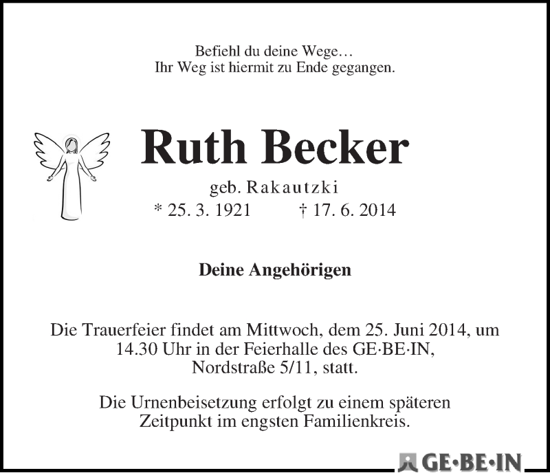Traueranzeige von Ruth Becker von WESER-KURIER