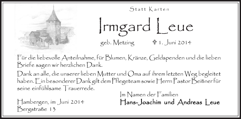 Traueranzeige von Irmgard Leue von Osterholzer Kreisblatt