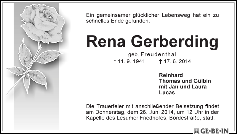 Traueranzeige von Rena Gerberding von Die Norddeutsche