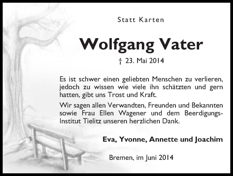  Traueranzeige für Wolfgang Vater vom 21.06.2014 aus WESER-KURIER