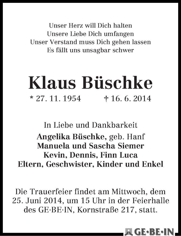 Traueranzeige von Klaus Büschke von WESER-KURIER