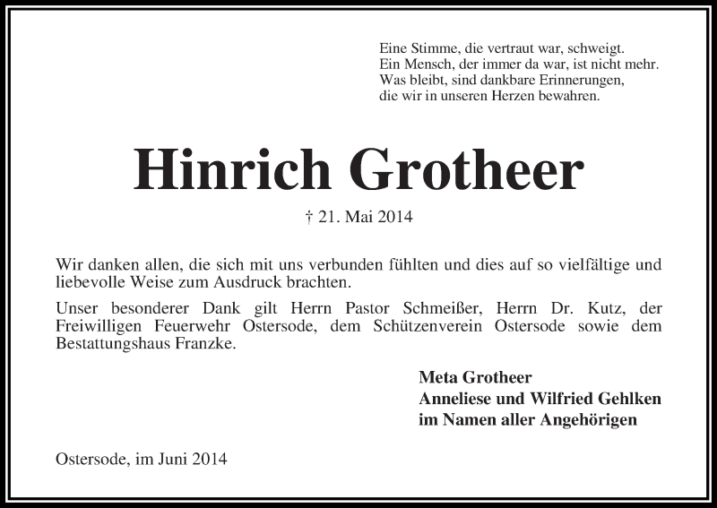 Traueranzeige von Hinrich Grotheer von Osterholzer Kreisblatt
