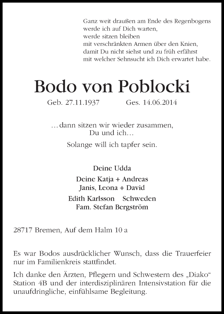 Traueranzeige von Bodo von Poblocki von Die Norddeutsche