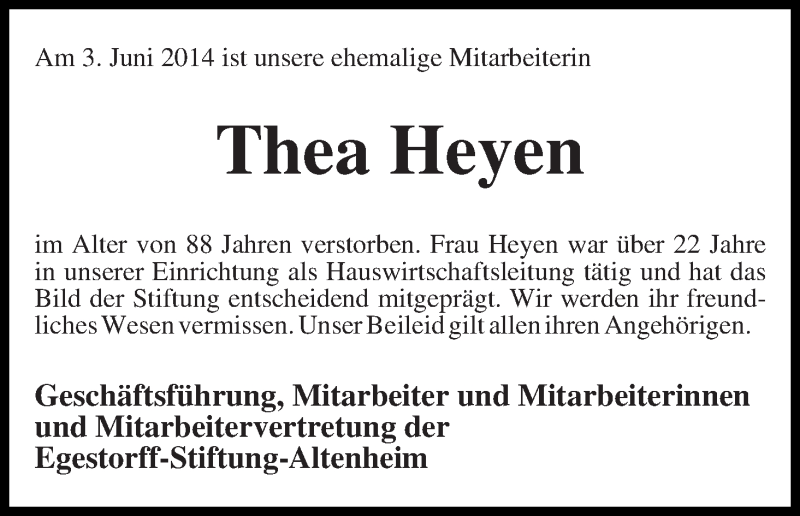 Traueranzeige von Thea Heyen von WESER-KURIER