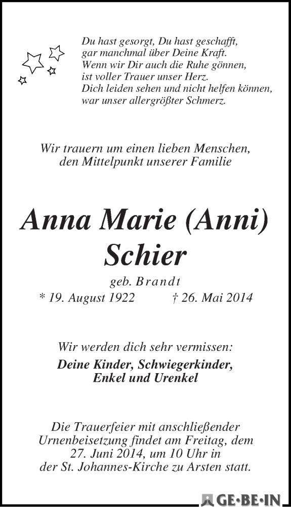 Traueranzeige von Anna Marie  Schier von WESER-KURIER