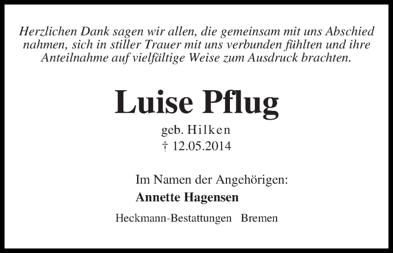 Traueranzeige von Luise Pflug von WESER-KURIER