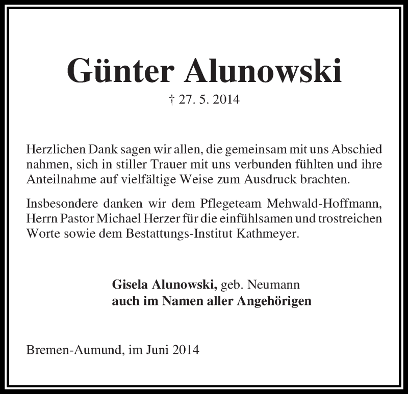 Traueranzeige von Günter Alunowski von Die Norddeutsche
