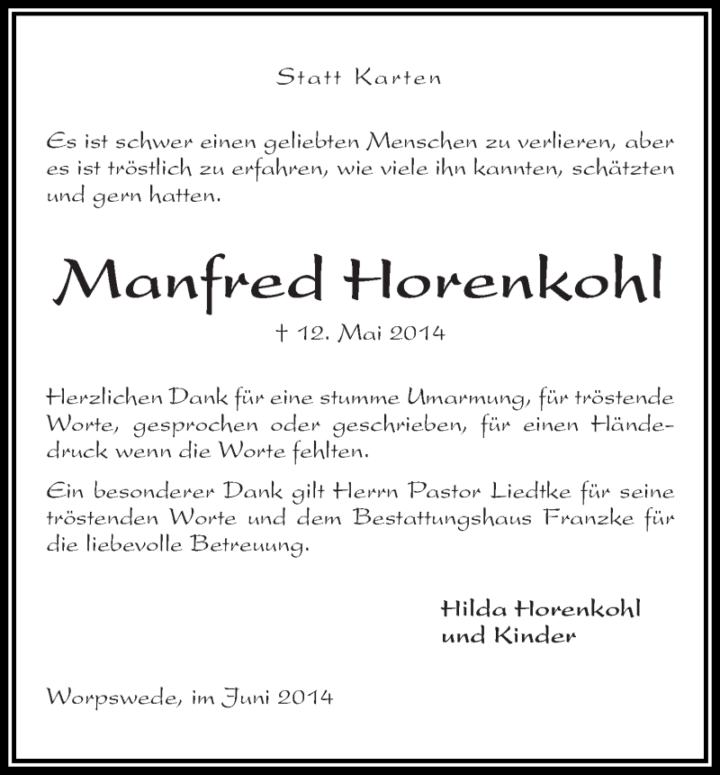 Traueranzeige von Manfred Horenkohl von Wuemme Zeitung