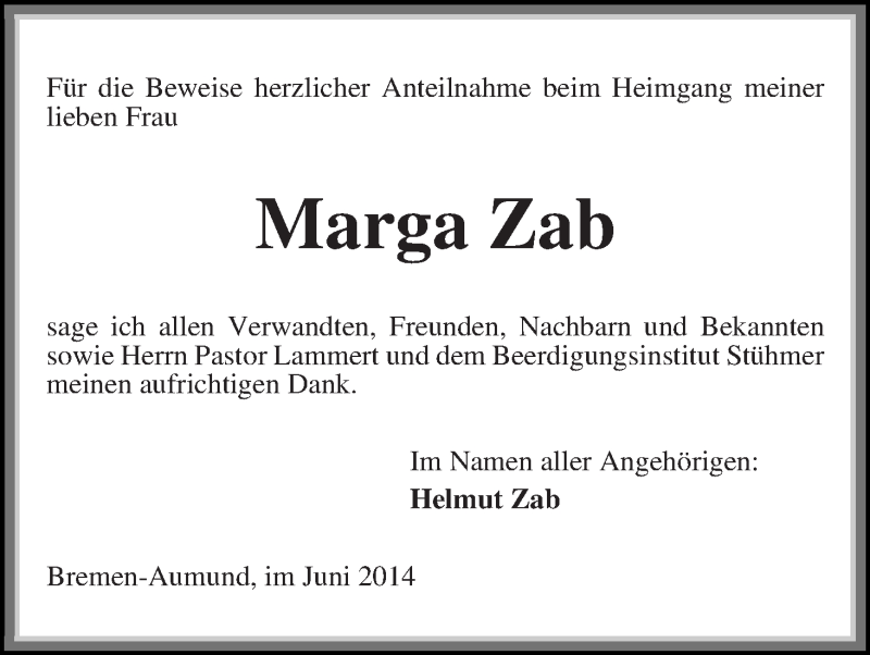 Traueranzeige von Marga Zab von Die Norddeutsche