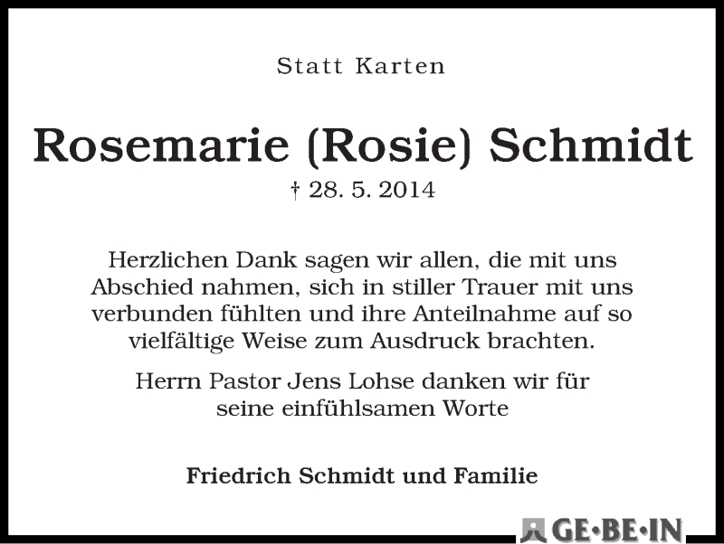 Traueranzeige von Rosemarie  Schmidt von WESER-KURIER