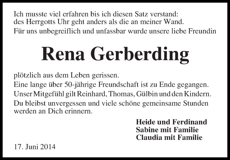 Traueranzeige von Rena Gerberding von Die Norddeutsche
