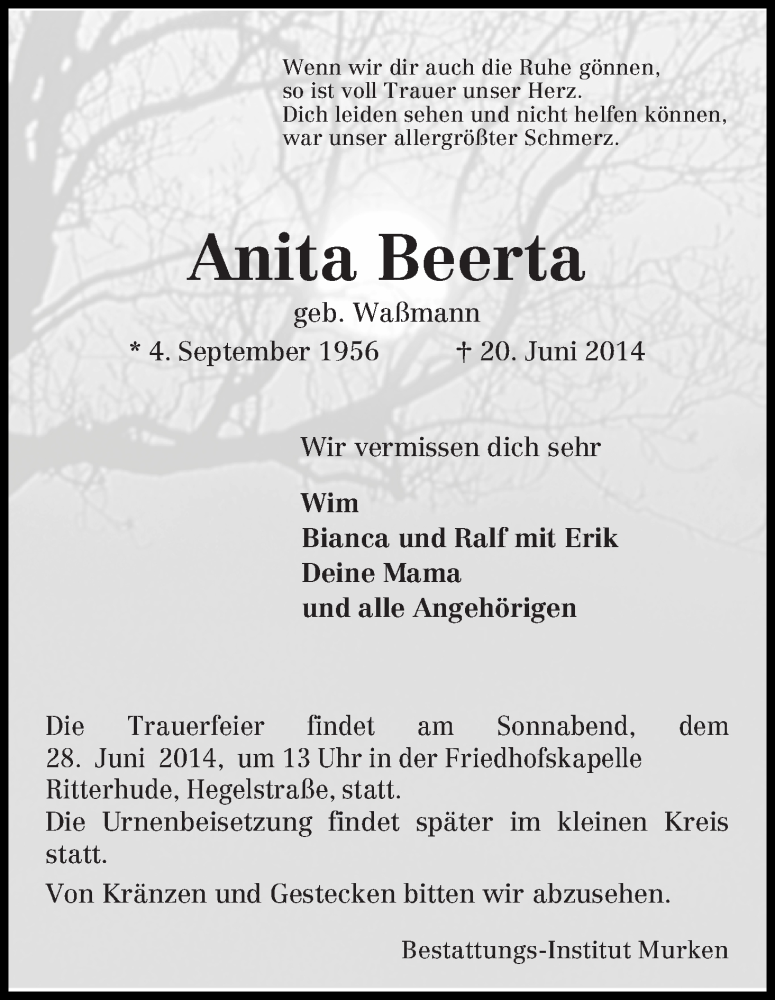  Traueranzeige für Anita Beerta vom 24.06.2014 aus Osterholzer Kreisblatt