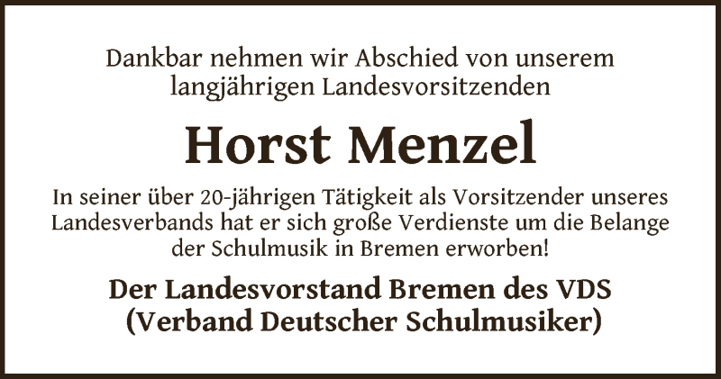 Traueranzeige von Horst Menzel von WESER-KURIER