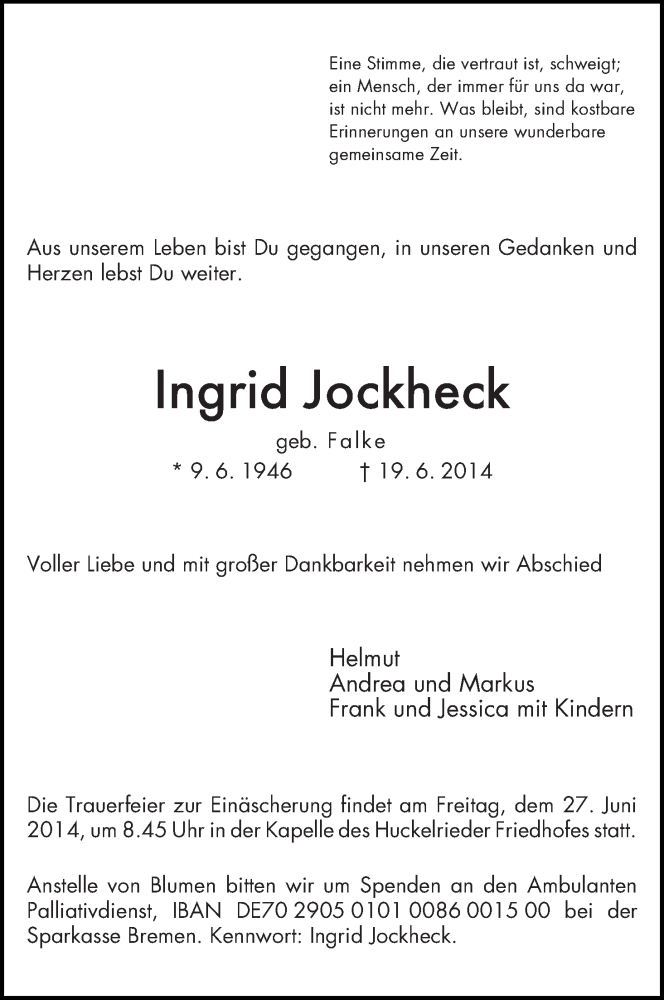 Traueranzeige von Ingrid Jockheck von WESER-KURIER