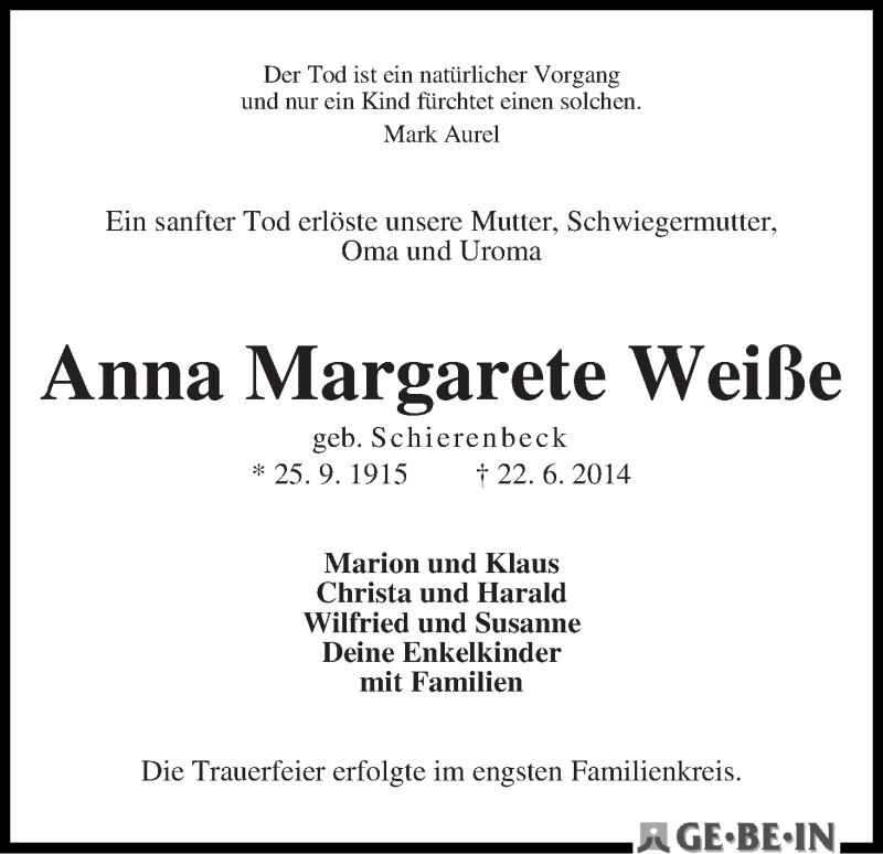 Traueranzeige von Anna Margarete Weiße von WESER-KURIER
