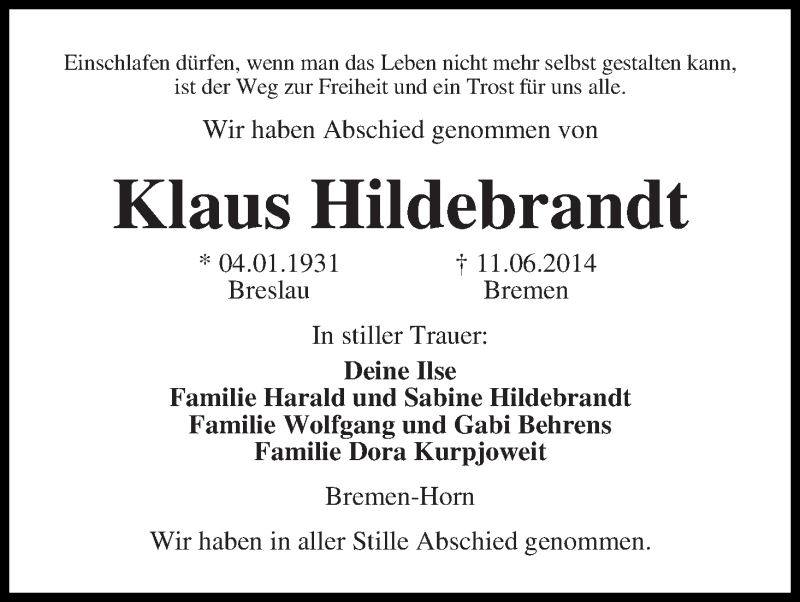  Traueranzeige für Klaus Hildebrandt vom 25.06.2014 aus WESER-KURIER