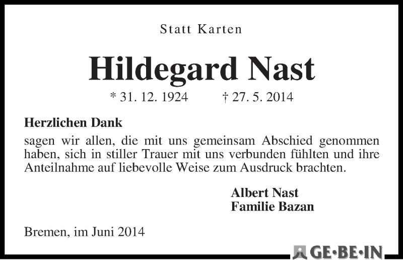 Traueranzeige von Hildegard Nast von WESER-KURIER