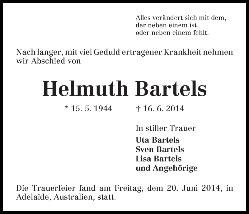 Traueranzeige von Helmuth Bartels von Die Norddeutsche