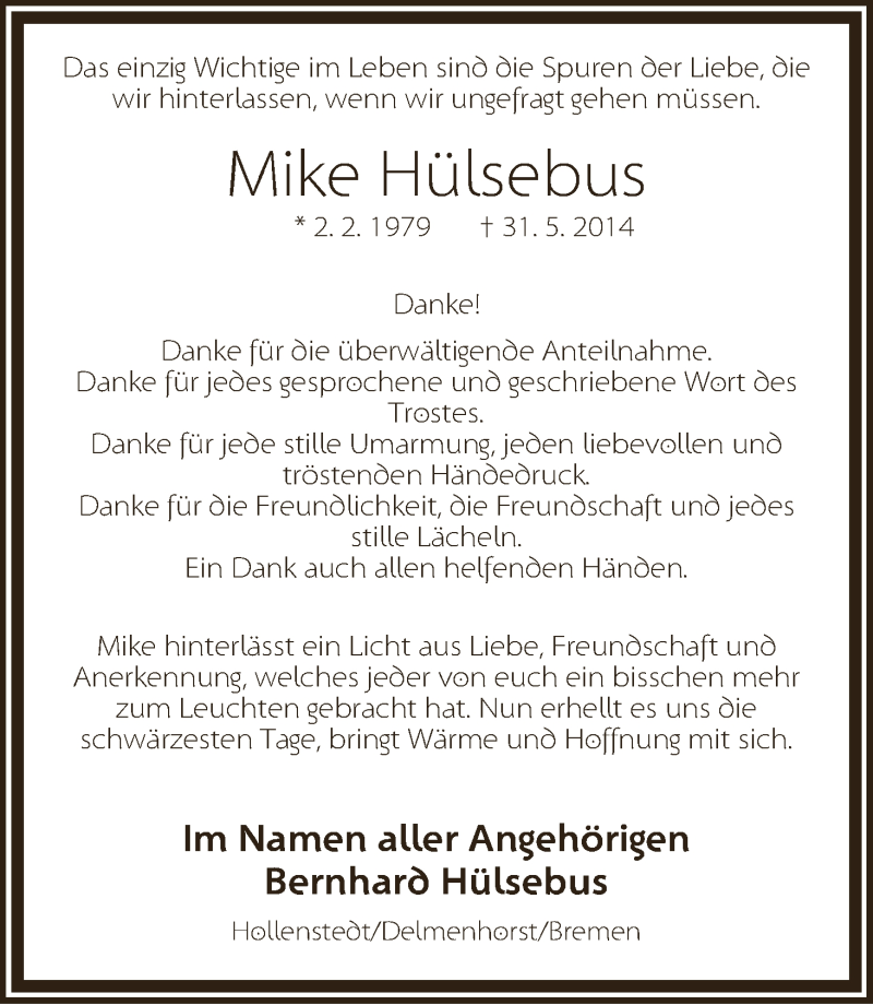  Traueranzeige für Mike Hülsebus vom 05.07.2014 aus WESER-KURIER