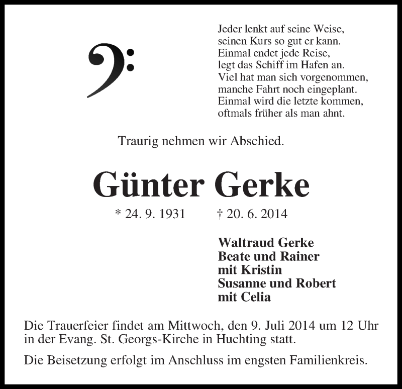 Traueranzeige von Günter Gerke von WESER-KURIER