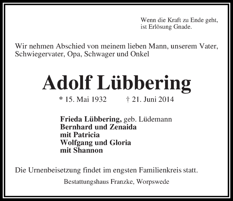 Traueranzeige von Adolf Lübbering von Wuemme Zeitung