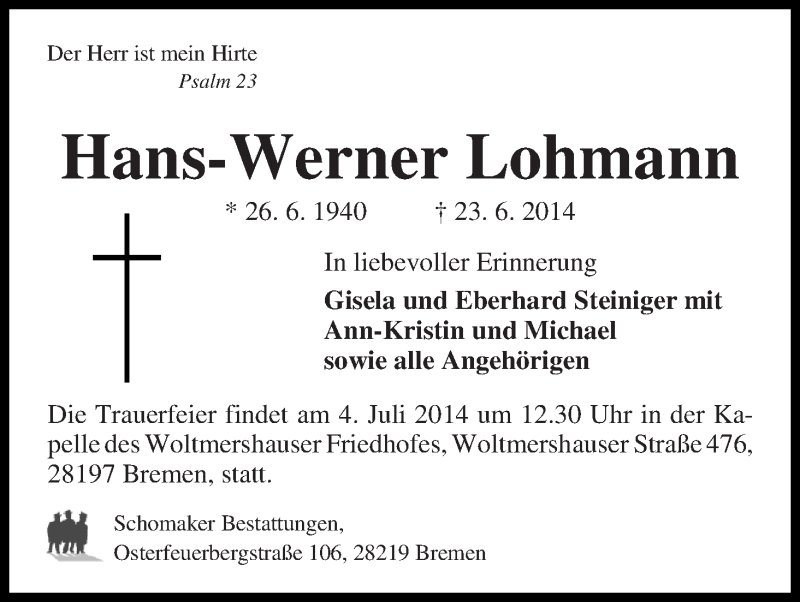  Traueranzeige für Hans-Werner Lohmann vom 28.06.2014 aus WESER-KURIER