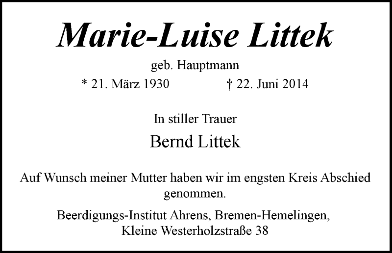 Traueranzeige von Marie-Luise Littek von WESER-KURIER