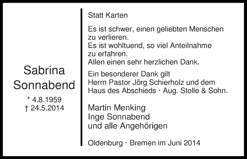  Traueranzeige für Sabrina Sonnabend vom 28.06.2014 aus WESER-KURIER