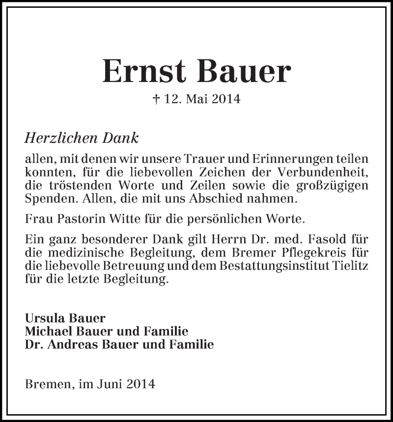  Traueranzeige für Ernst Bauer vom 28.06.2014 aus WESER-KURIER