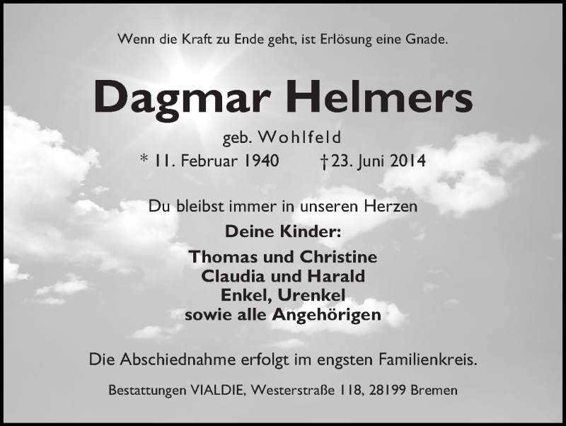  Traueranzeige für Dagmar Helmers vom 28.06.2014 aus WESER-KURIER
