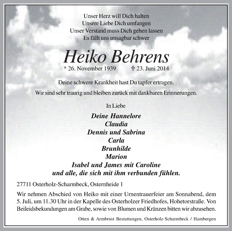  Traueranzeige für Heiko Behrens vom 28.06.2014 aus Osterholzer Kreisblatt