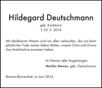 Traueranzeige von Hildegard Deutschmann