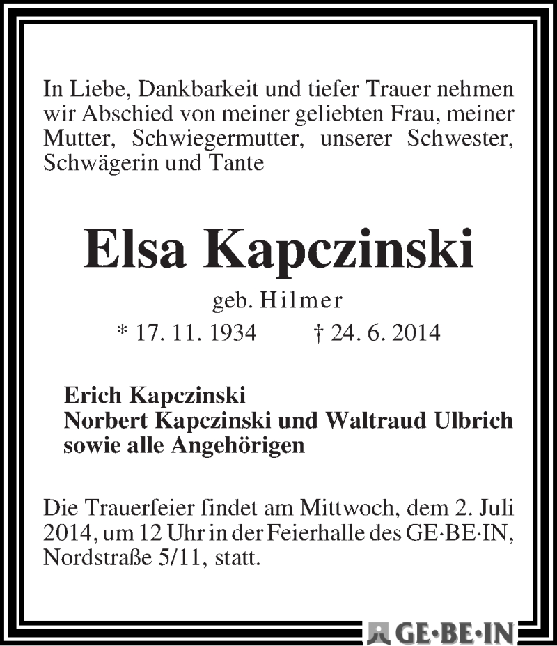 Traueranzeige von Elsa Kapczinski von WESER-KURIER