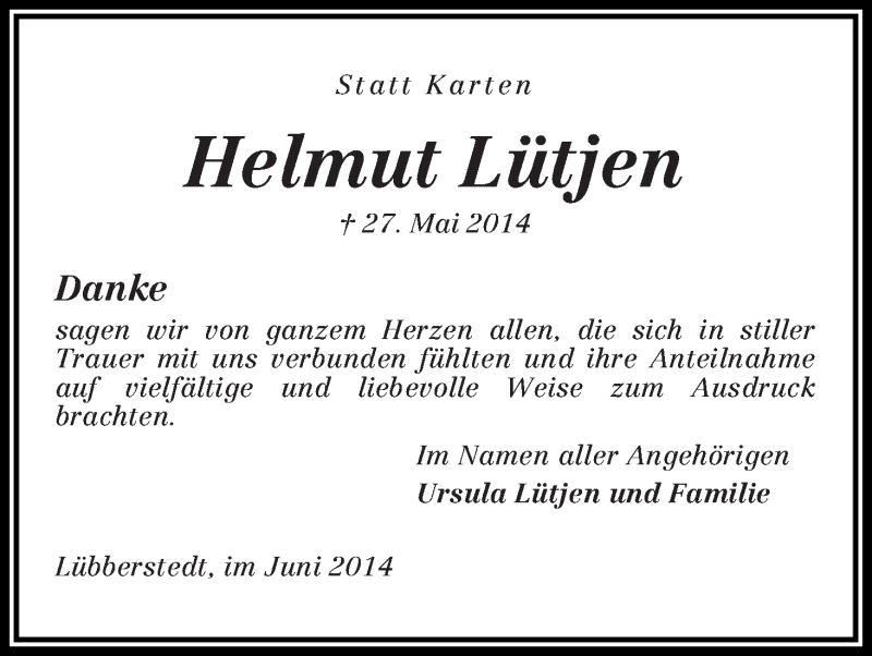 Traueranzeige von Helmut Lütjen von Osterholzer Kreisblatt