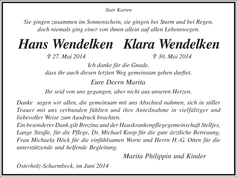 Traueranzeige von Hans und Klara Wendelken von Osterholzer Kreisblatt